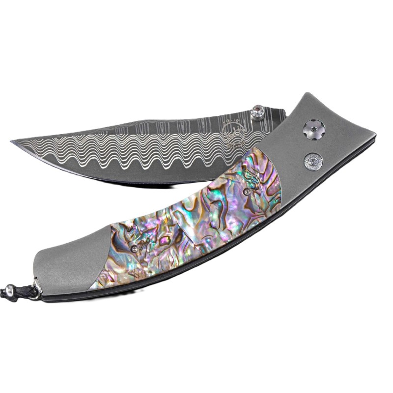 William Henry Titanium folding knife featuring abalone scales  'Wave' damascus steel blade  and white topaz gemstones